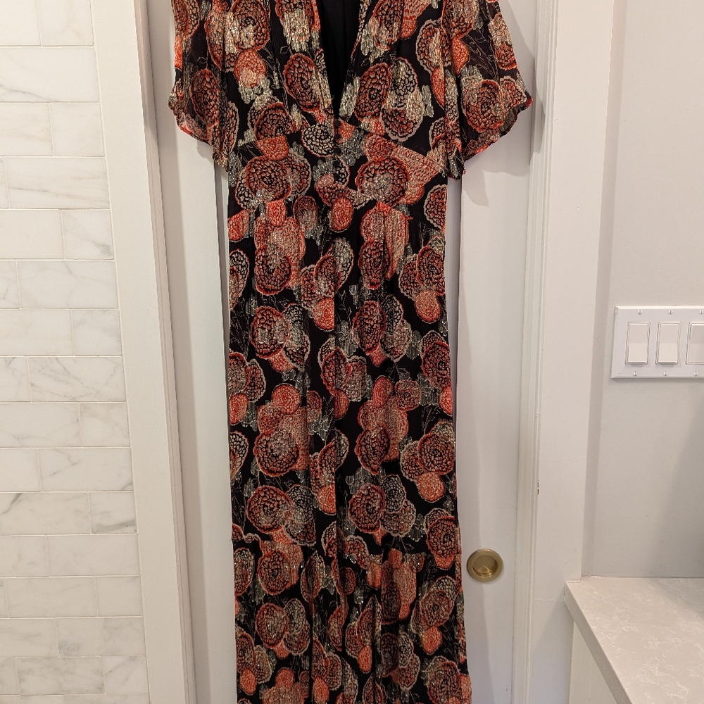 ba&sh Black Floral V-Neck Maxi HIDE Dress with Rust, Gold and Cream Accents - Picture 4 of 9